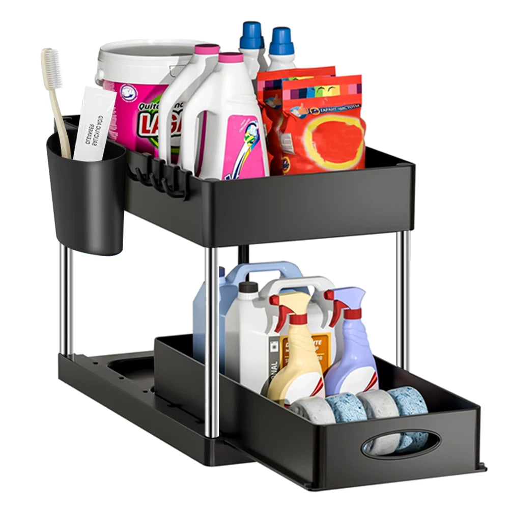 2-Tier Under Sink Sliding Organizer – Hanging Cabinet Storage Rack