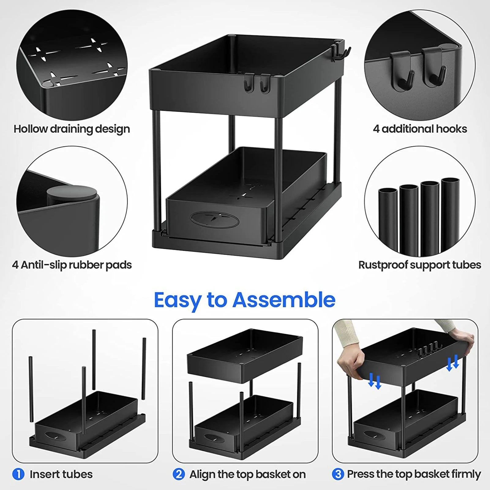 2-Tier Under Sink Sliding Organizer – Hanging Cabinet Storage Rack