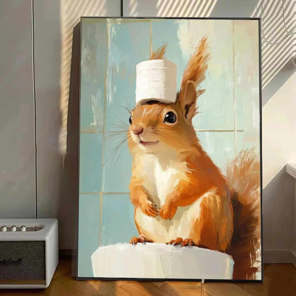 Cute Animal Canvas – Cat & Car Toilet Wall Art for Game Room