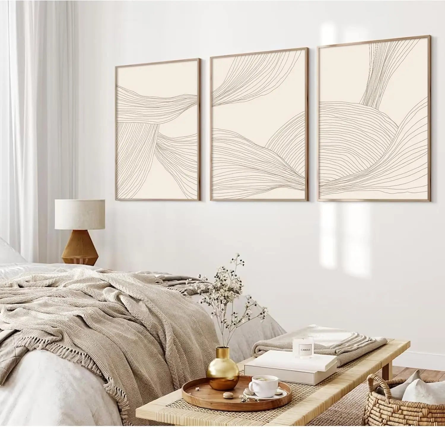 3 Pcs/Set Modern Abstract Wall Arts Beige Bohemian Canvas Mid-Century Piece Posters Geometric Line Printed Painting, No Frame