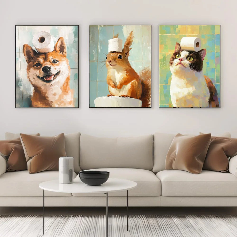 Cute Animal Canvas – Cat & Car Toilet Wall Art for Game Room