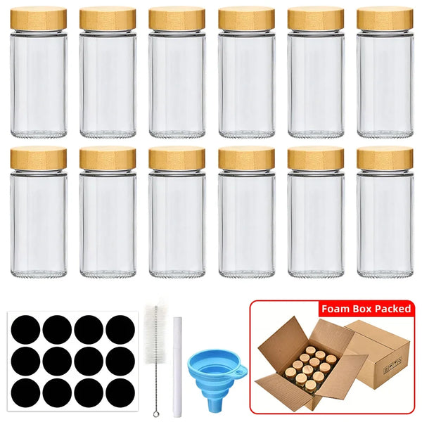 12-Piece Glass Spice Jar Set – Bamboo Lids with Labels & Funnel