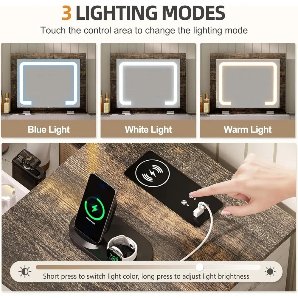 3-in-1 LED Vanity Desk – Makeup Set with Mirror & Charging Station