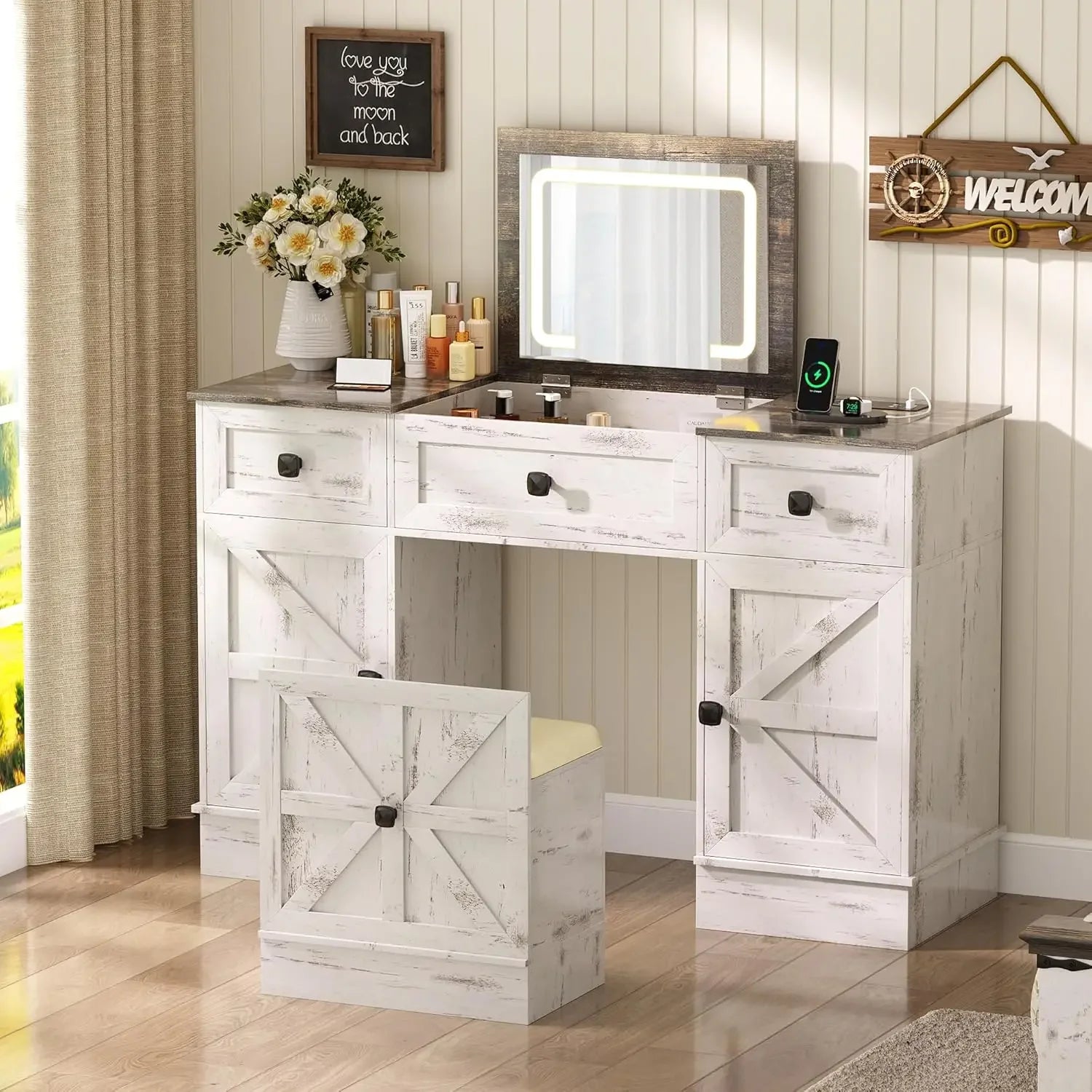 3-in-1 LED Vanity Desk – Makeup Set with Mirror & Charging Station