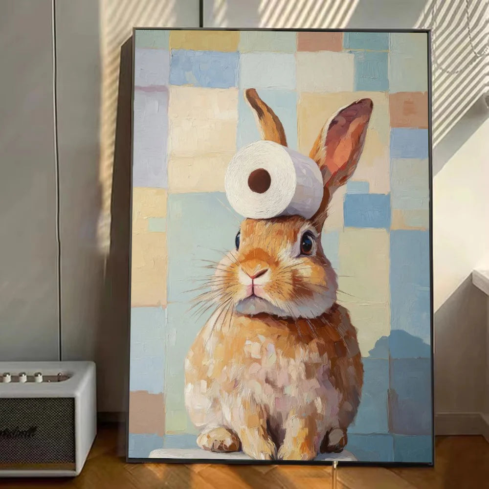 Cute Animal Canvas – Cat & Car Toilet Wall Art for Game Room