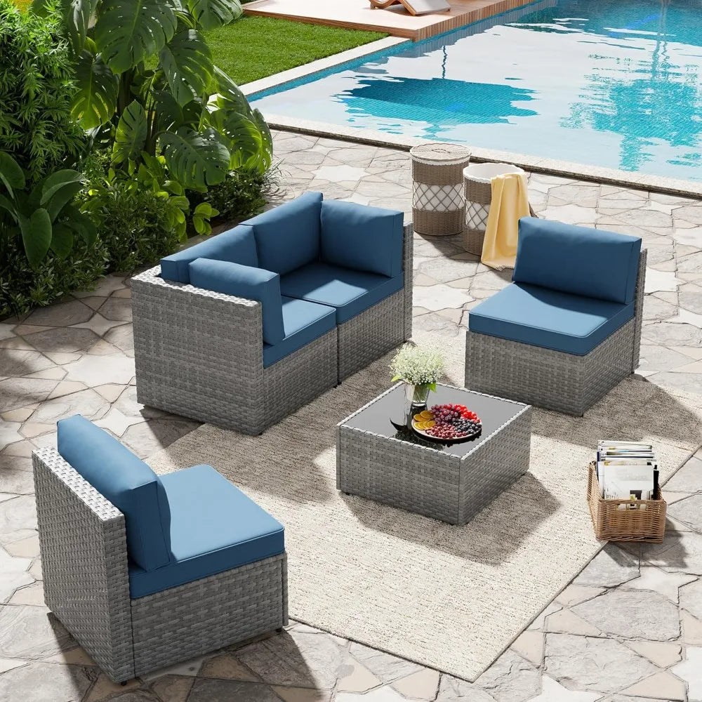 5-Piece Outdoor Patio Furniture Set – Gray PE Wicker Sectional Sofa
