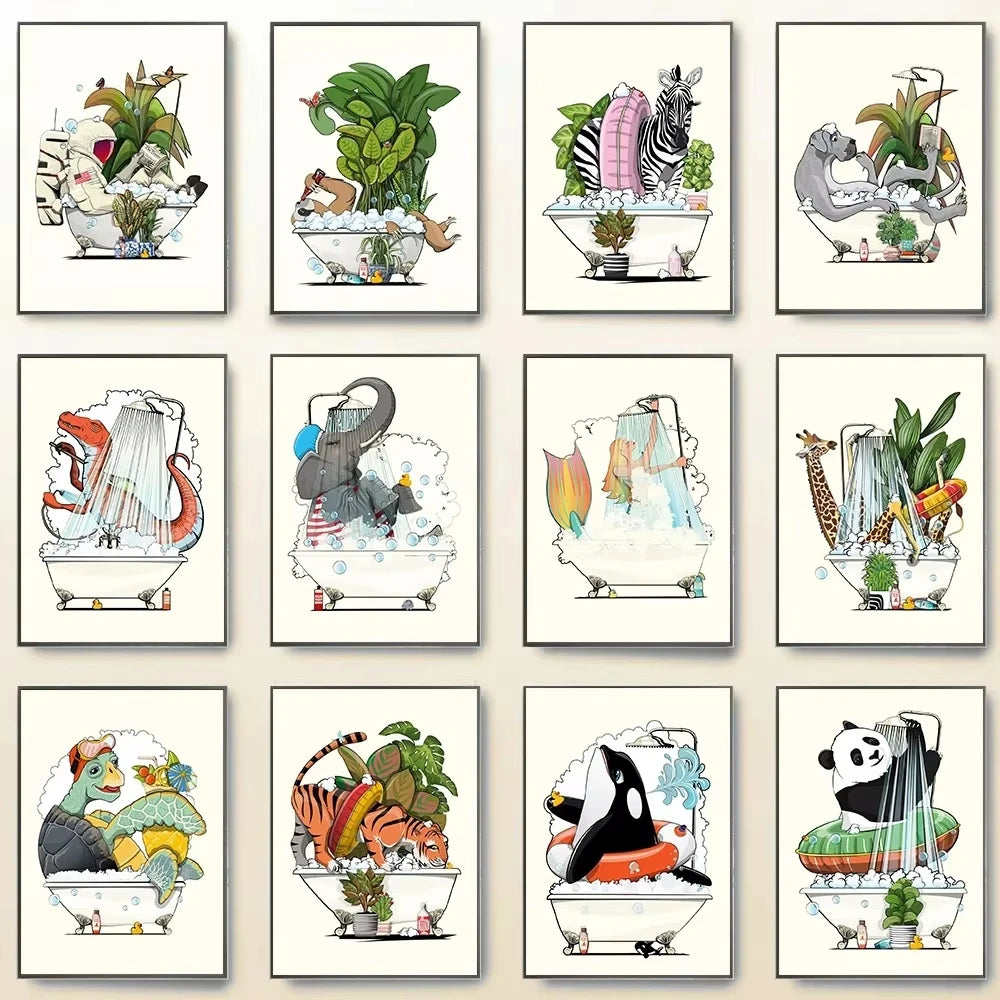 Funny Jungle Animal Canvas – Dinosaur & Elephant Cartoon Wall Art