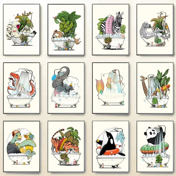 Funny Jungle Animal Canvas – Dinosaur & Elephant Cartoon Wall Art