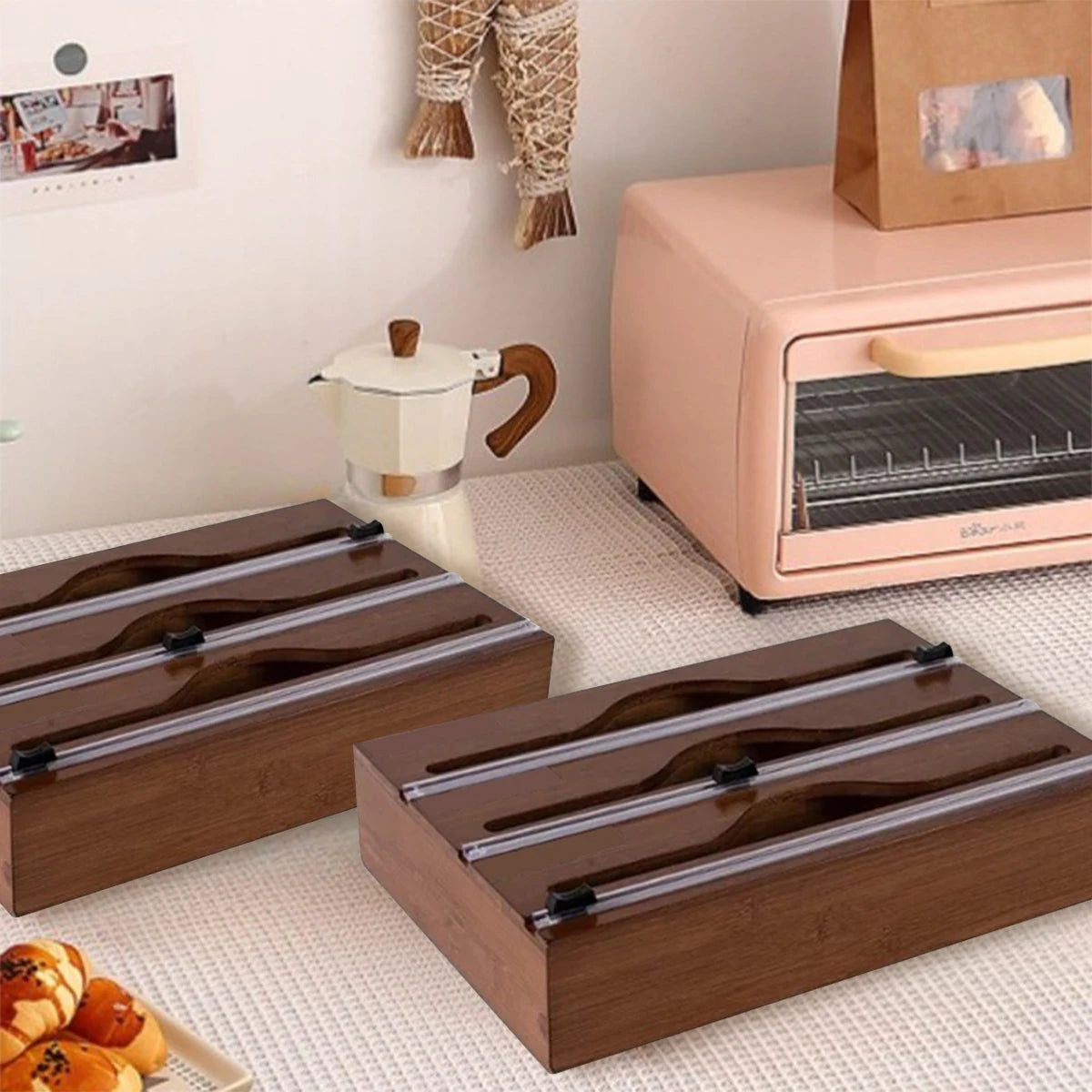 Bamboo Kitchen Wrap Dispenser – Foil & Cling Film Cutter Box