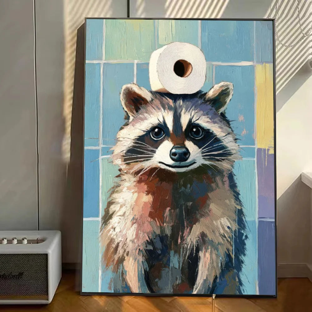 Cute Animal Canvas – Cat & Car Toilet Wall Art for Game Room