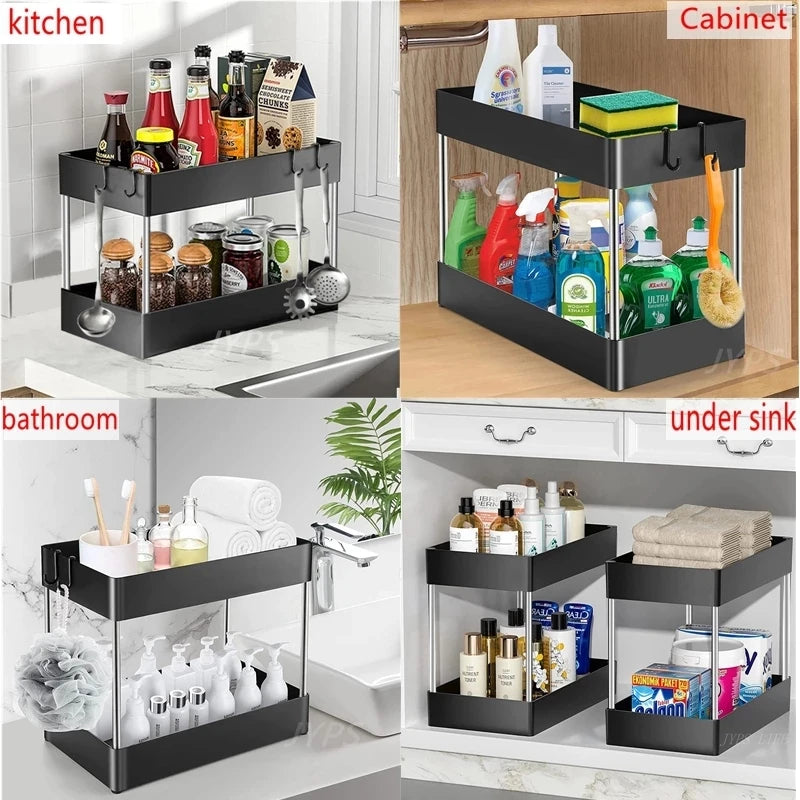 2-Tier Under Sink Sliding Organizer – Hanging Cabinet Storage Rack