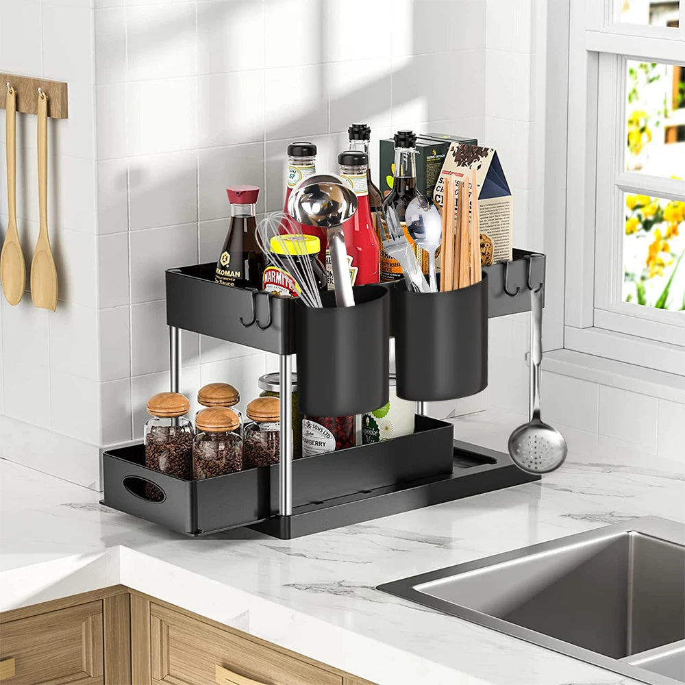 2-Tier Under Sink Sliding Organizer – Hanging Cabinet Storage Rack