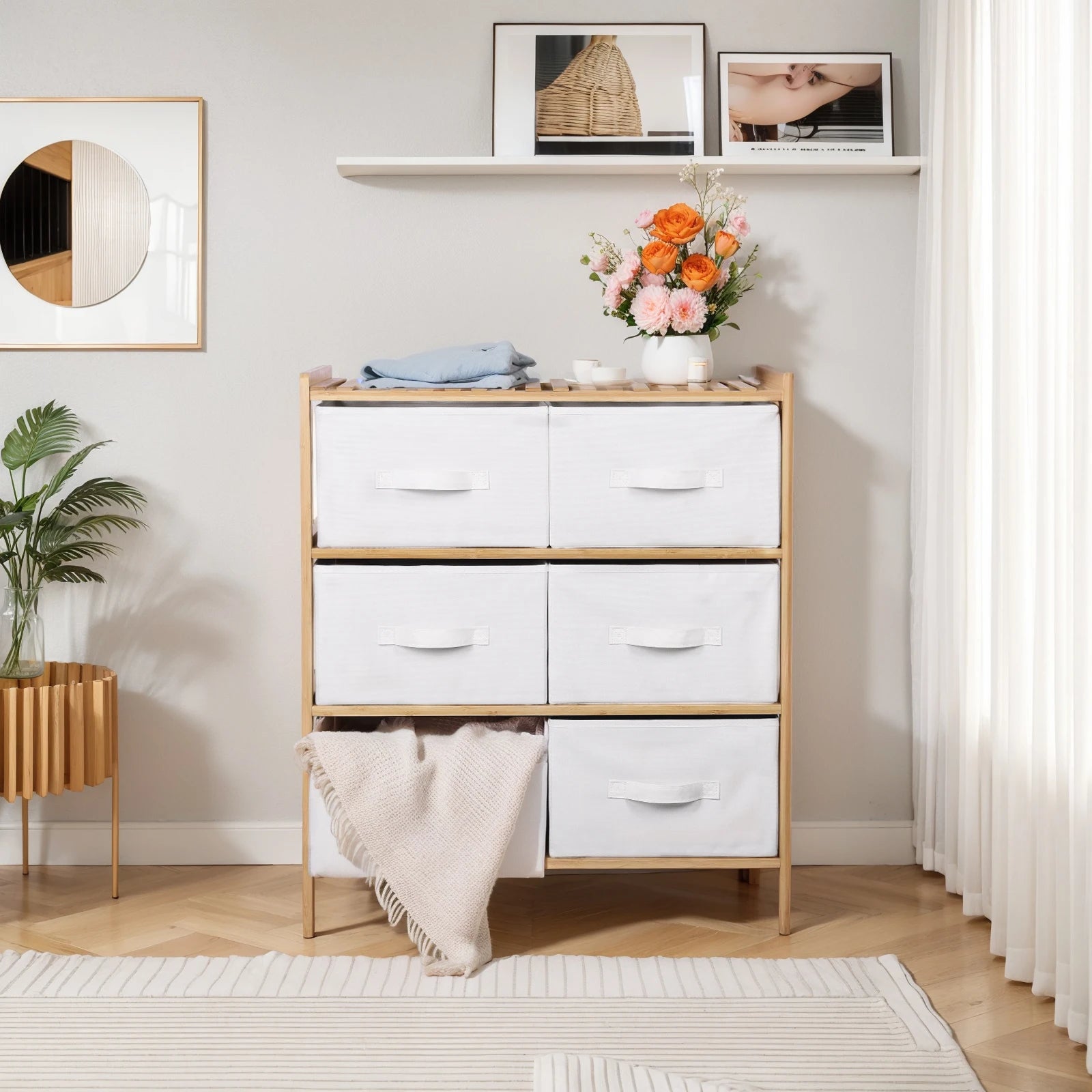 Quilt Storage Shelf with 6 Baskets – Multifunctional Wooden Organizer