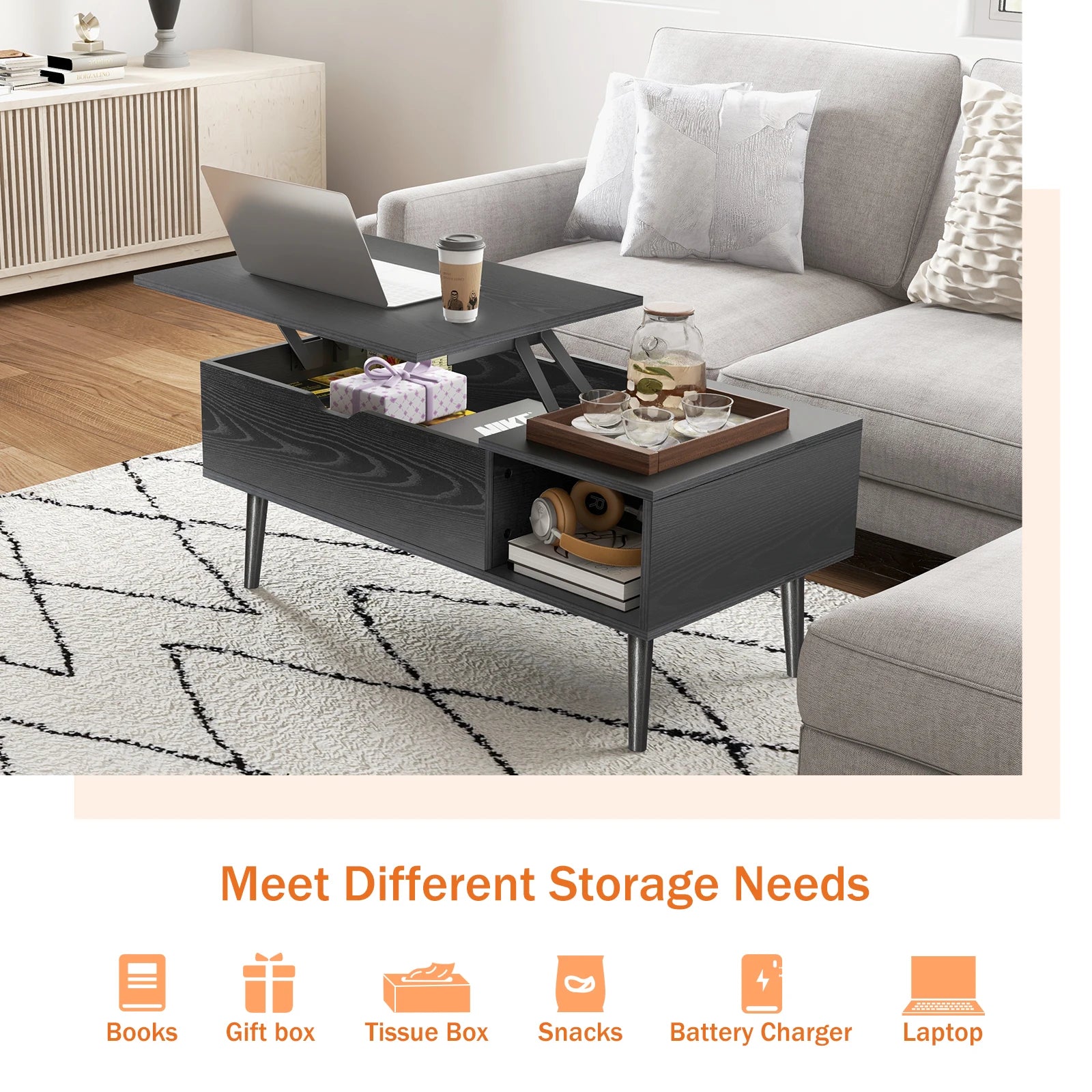 JHK Lift-Top Coffee Table – Adjustable Storage Living Room Desk