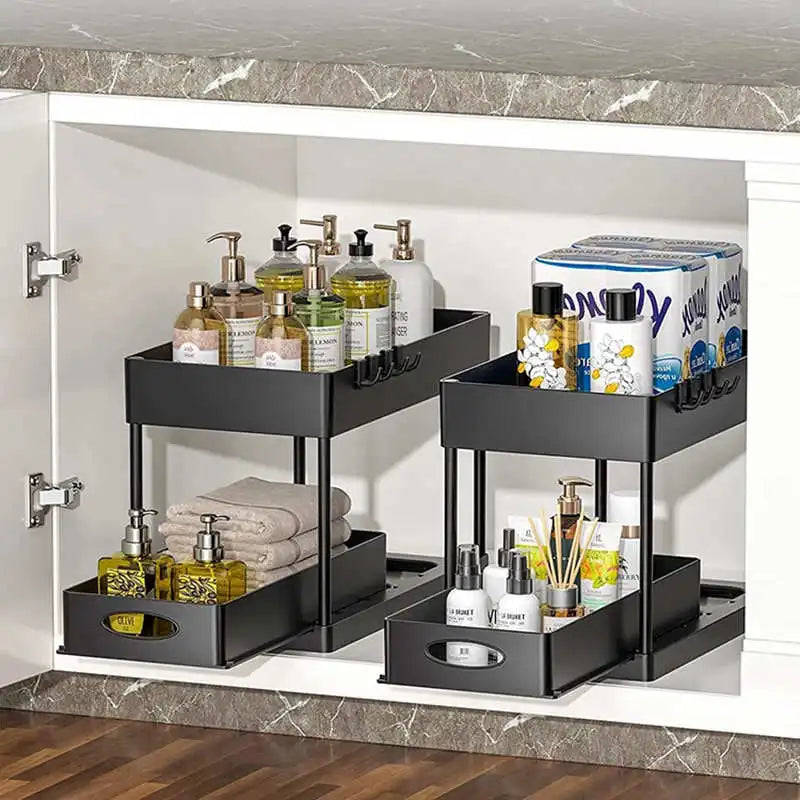 2-Tier Under Sink Sliding Organizer – Hanging Cabinet Storage Rack