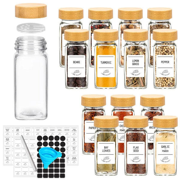12-Piece Glass Spice Jar Set – Bamboo Lids with Labels & Funnel
