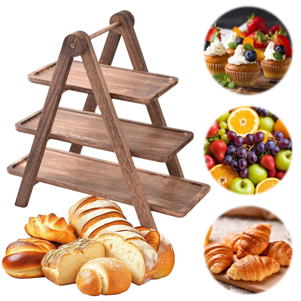 2-Piece Wooden 3-Tier Serving Tray – Multi-Function Rectangular Platter