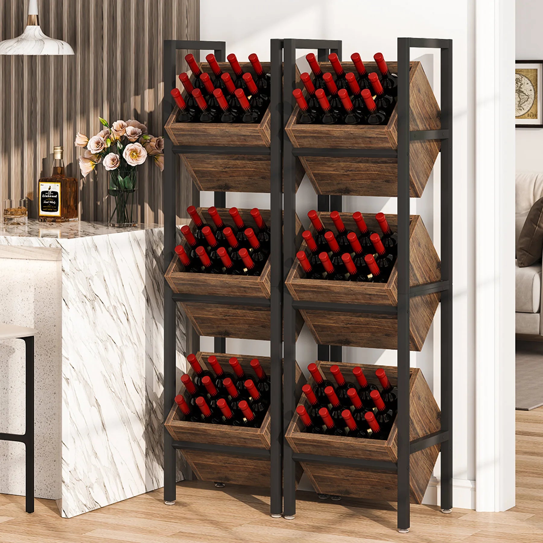 Tribesigns Wine Rack Freestanding Floor, 3 Tier Wooden Wine Storage Stand, Wobble-Free Wine Holder Display Shelf