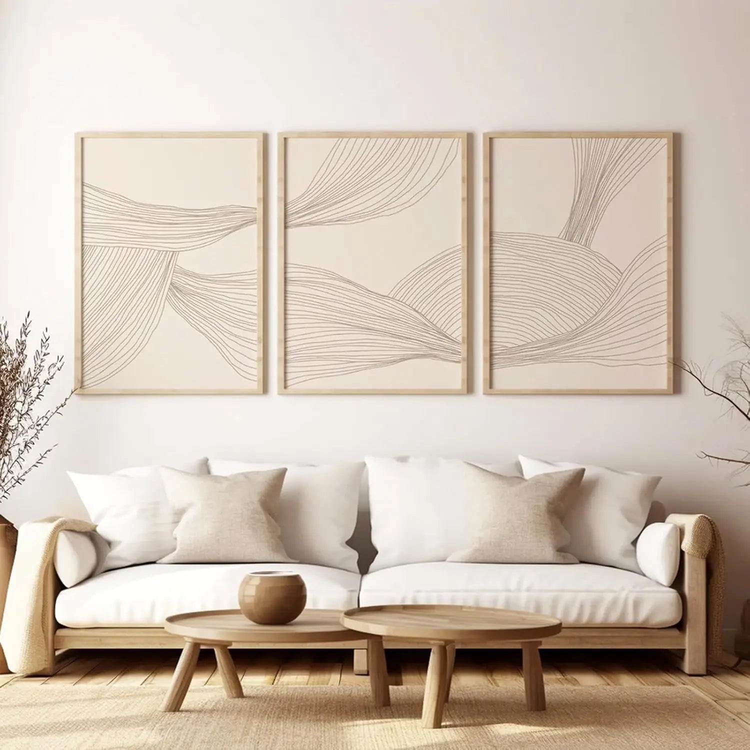 3 Pcs/Set Modern Abstract Wall Arts Beige Bohemian Canvas Mid-Century Piece Posters Geometric Line Printed Painting, No Frame