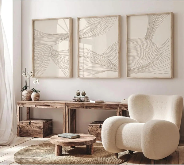 3 Pcs/Set Modern Abstract Wall Arts Beige Bohemian Canvas Mid-Century Piece Posters Geometric Line Printed Painting, No Frame