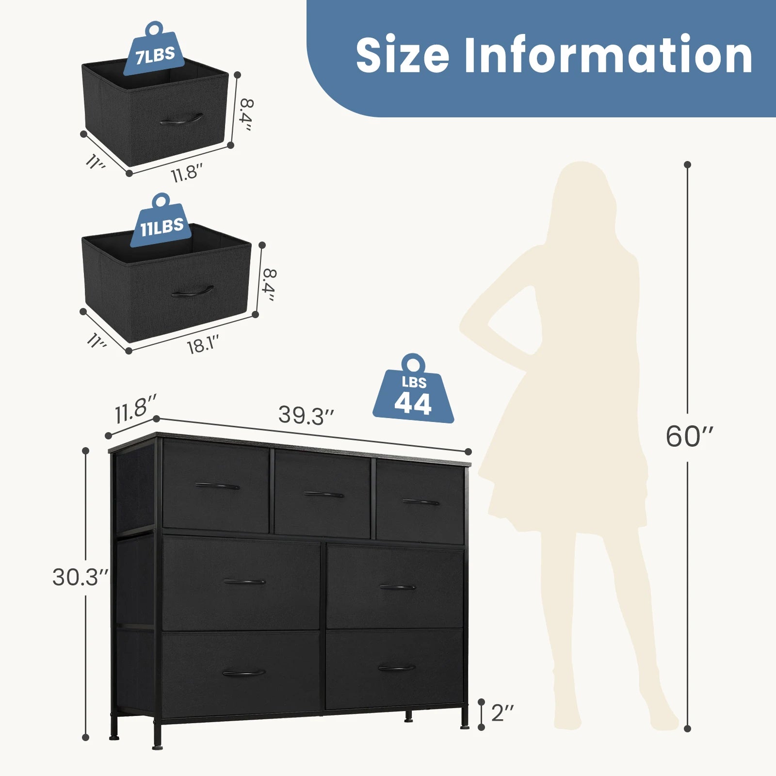 JHK 7-Drawer Fabric Storage Dresser