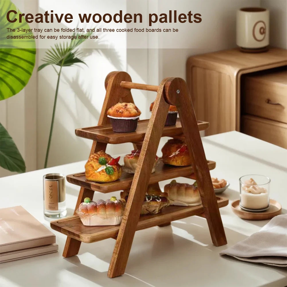 2-Piece Wooden 3-Tier Serving Tray – Multi-Function Rectangular Platter