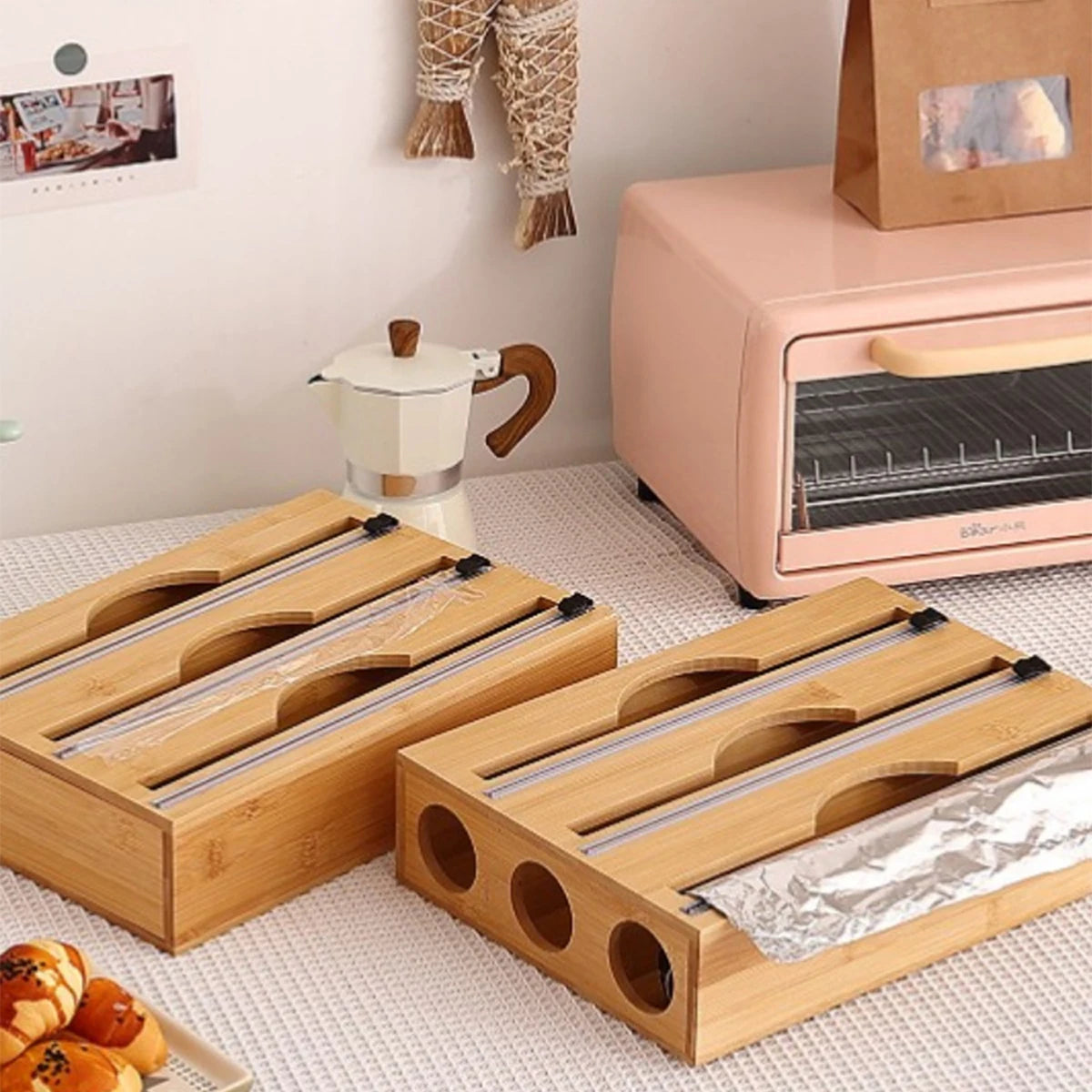 Bamboo Kitchen Wrap Dispenser – Foil & Cling Film Cutter Box