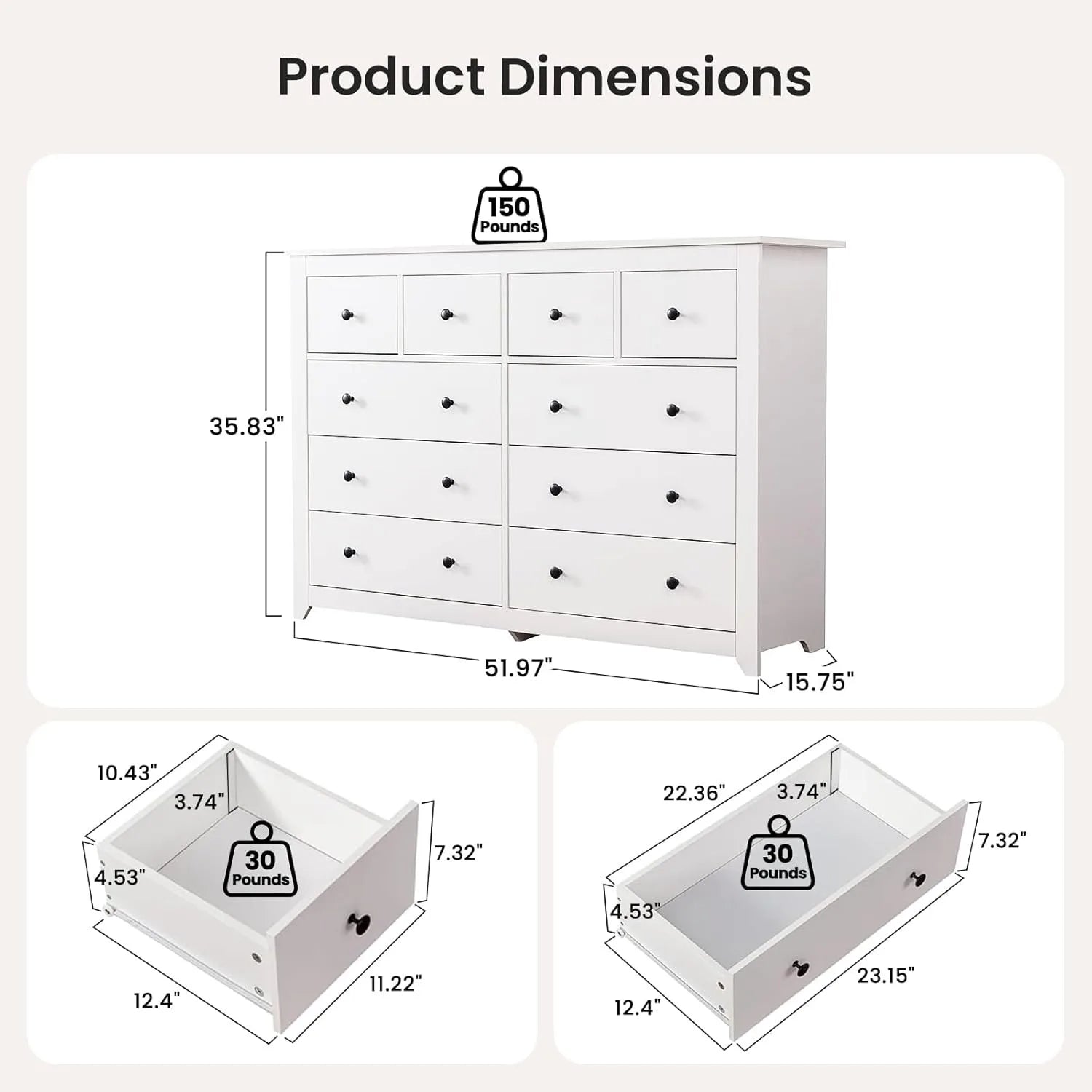 White 10-Drawer Dresser – 52" Wide Wooden Storage Cabinet