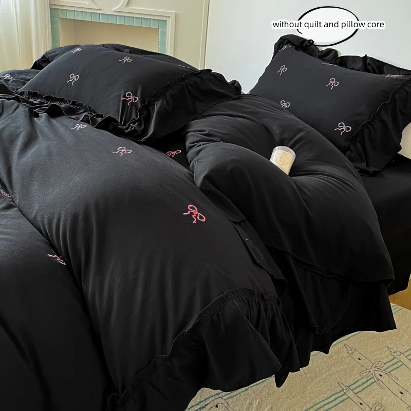 3-Piece Bow Embroidery Bedding Set – Duvet Cover with Pillowcases