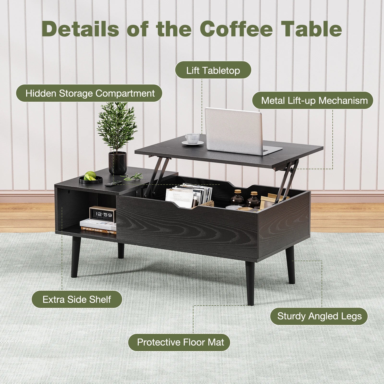 JHK Lift-Top Coffee Table – Adjustable Storage Living Room Desk