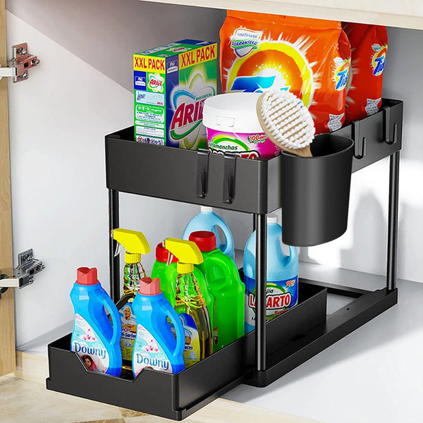 2-Tier Under Sink Sliding Organizer – Hanging Cabinet Storage Rack