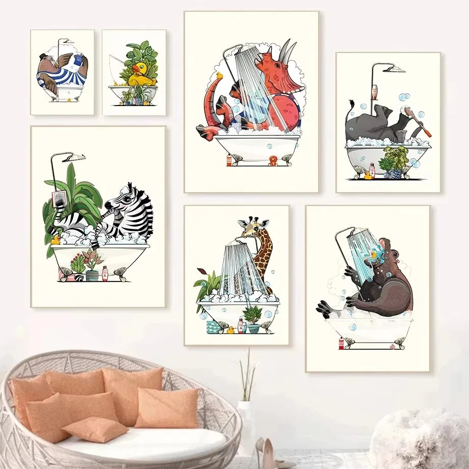 Funny Jungle Animal Canvas – Dinosaur & Elephant Cartoon Wall Art