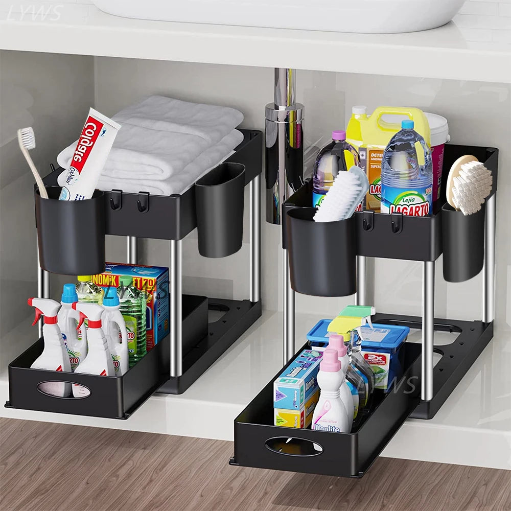 2-Tier Under Sink Sliding Organizer – Hanging Cabinet Storage Rack