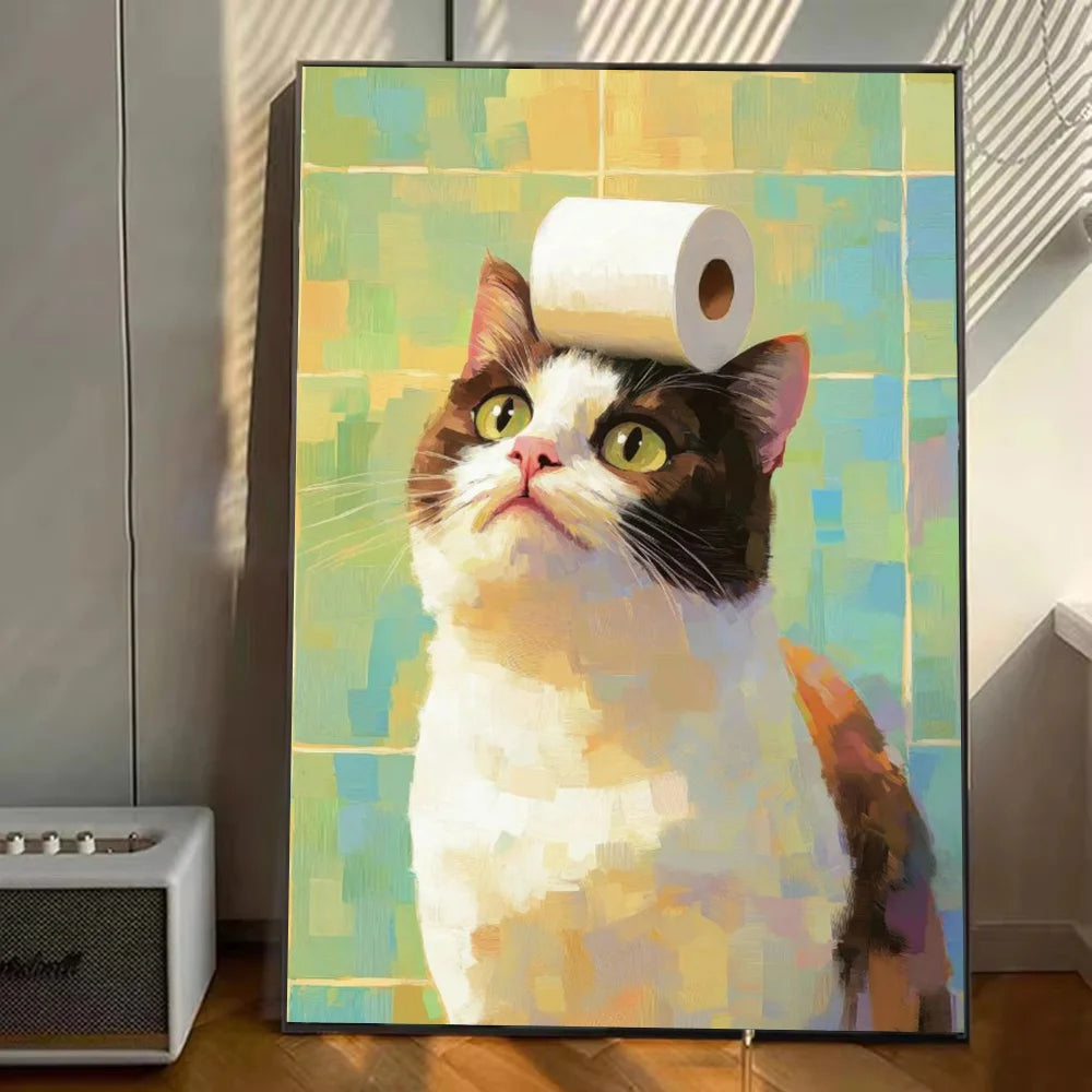 Cute Animal Canvas – Cat & Car Toilet Wall Art for Game Room