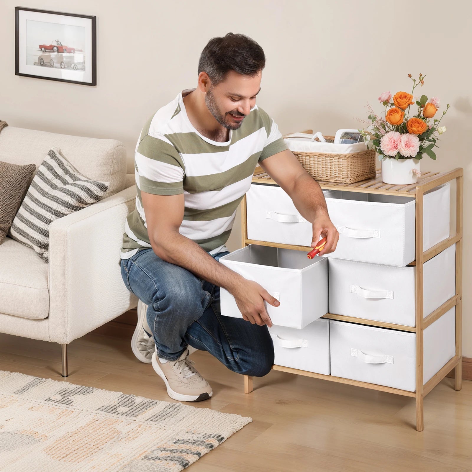 Quilt Storage Shelf with 6 Baskets – Multifunctional Wooden Organizer