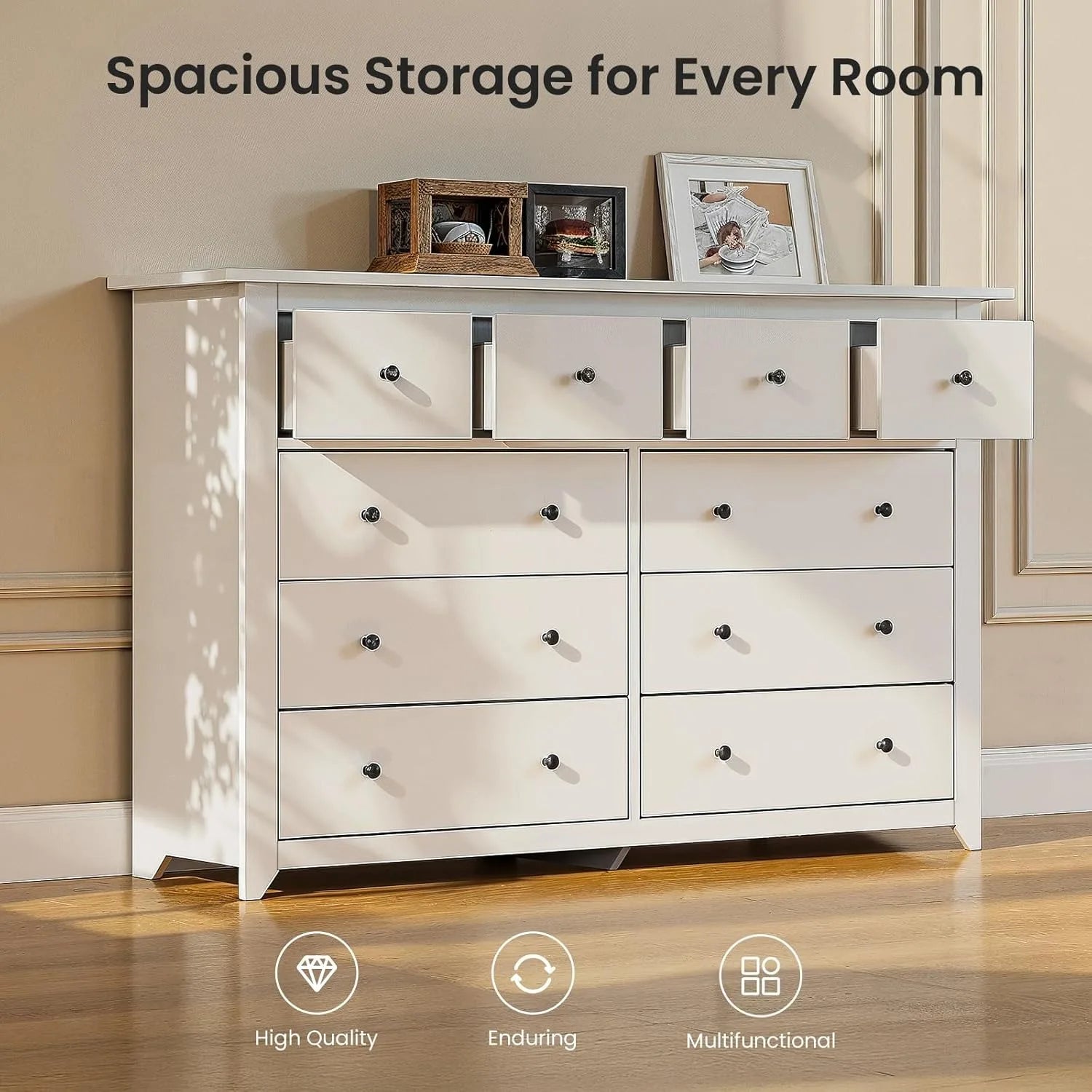 White 10-Drawer Dresser – 52" Wide Wooden Storage Cabinet