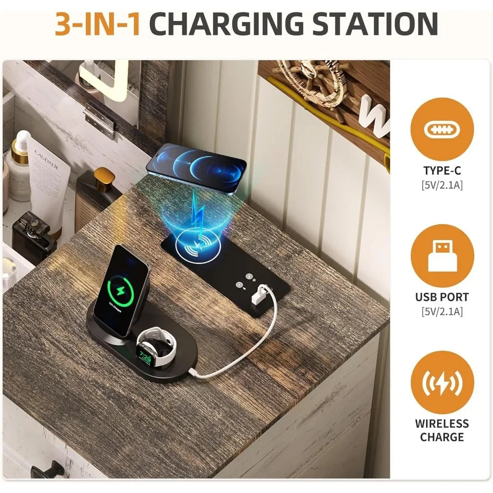 3-in-1 LED Vanity Desk – Makeup Set with Mirror & Charging Station