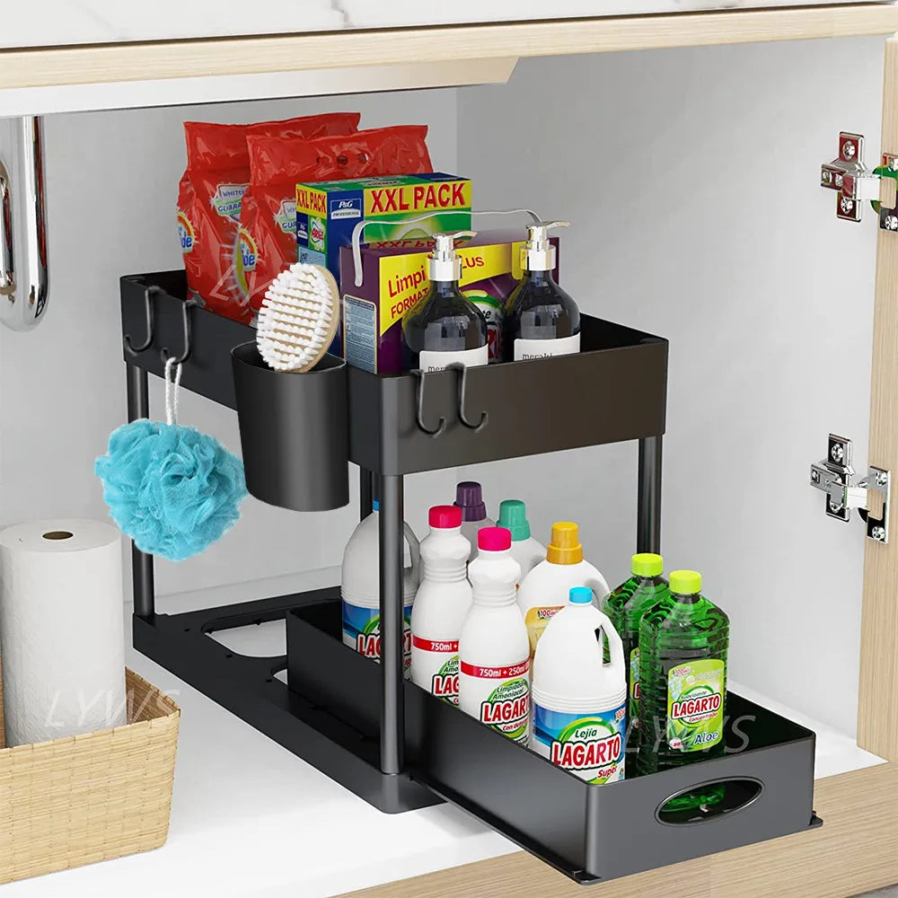 2-Tier Under Sink Sliding Organizer – Hanging Cabinet Storage Rack