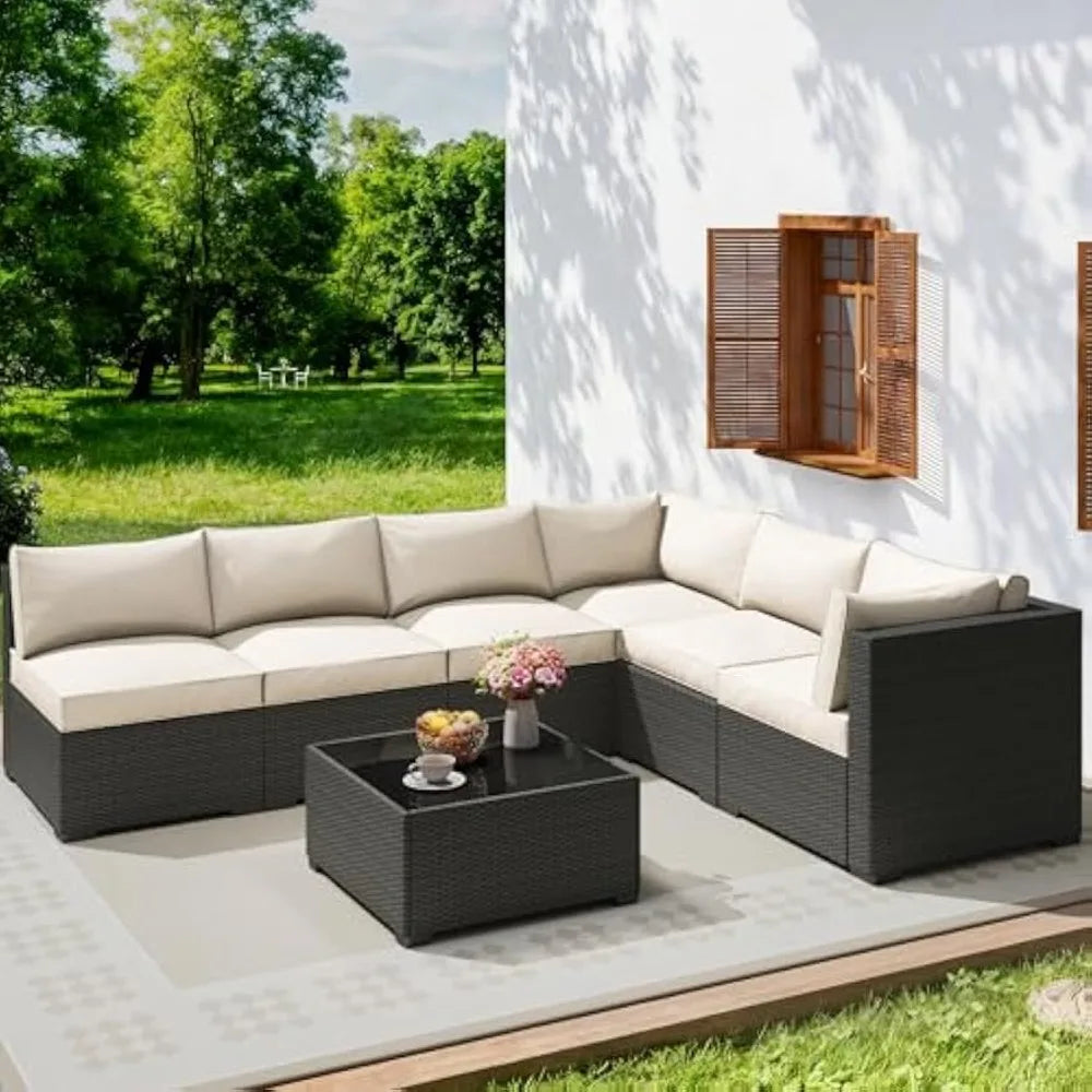 7-Piece Outdoor Patio Furniture Set – Rattan & Wicker Sectional Sofa