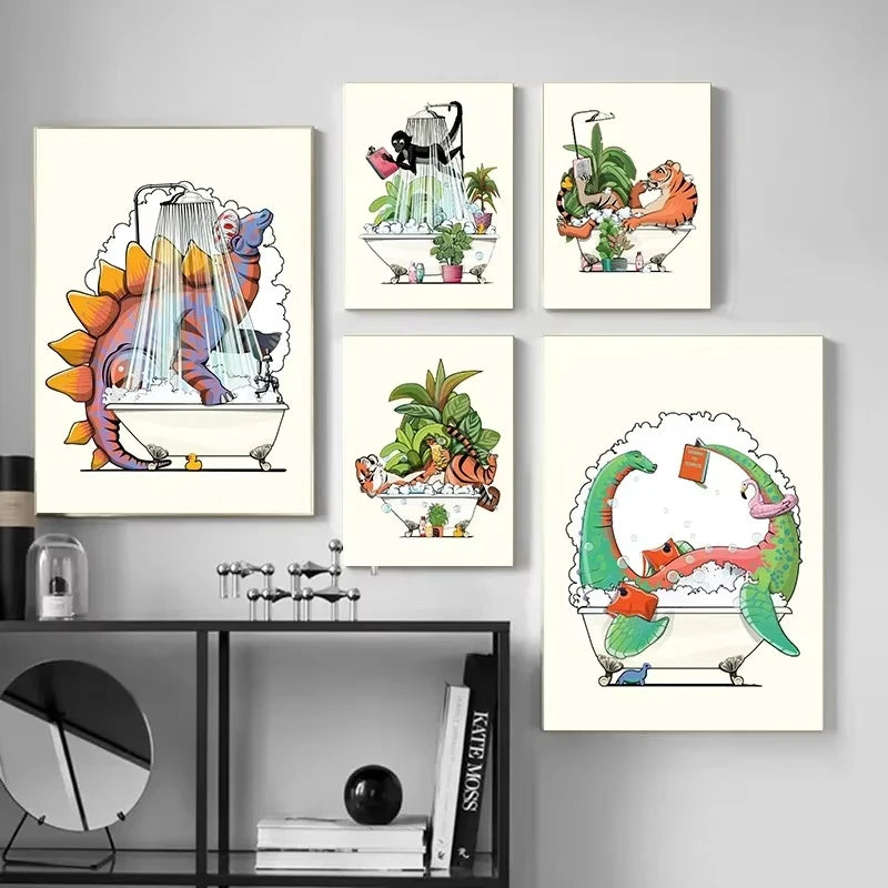 Funny Jungle Animal Canvas – Dinosaur & Elephant Cartoon Wall Art