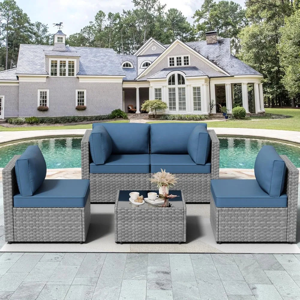 5-Piece Outdoor Patio Furniture Set – Gray PE Wicker Sectional Sofa