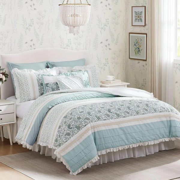 Cotton Shabby Chic Comforter Set - Modern Cottage Style All Season Bedding with Matching Sham