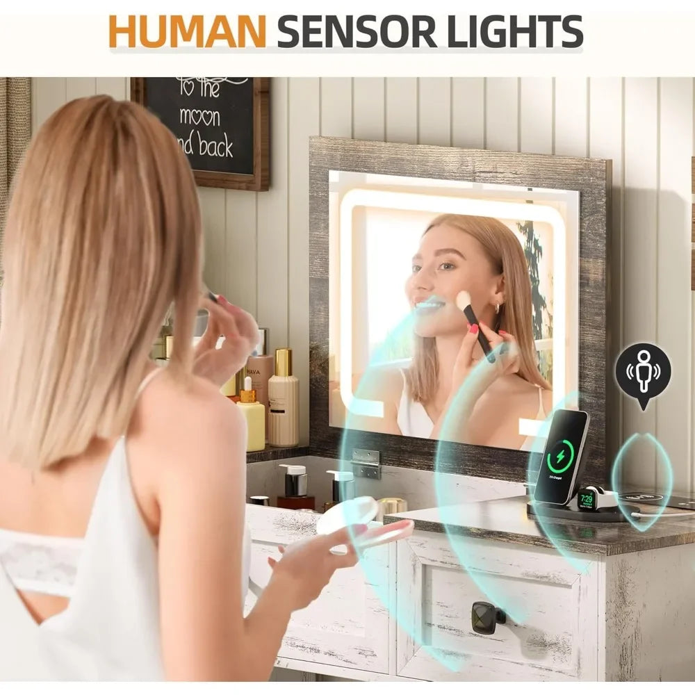 3-in-1 LED Vanity Desk – Makeup Set with Mirror & Charging Station