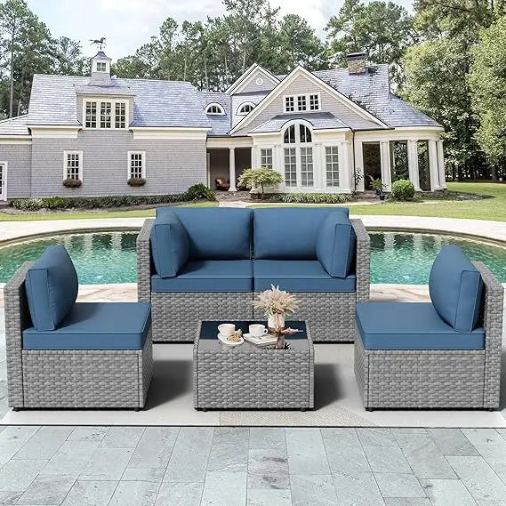 5-Piece Outdoor Patio Furniture Set – Gray PE Wicker Sectional Sofa