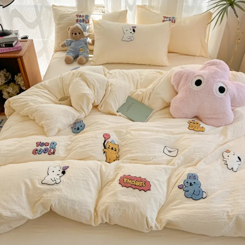 Cotton Towel Embroidery Bedding Set – Animal Paradise Design