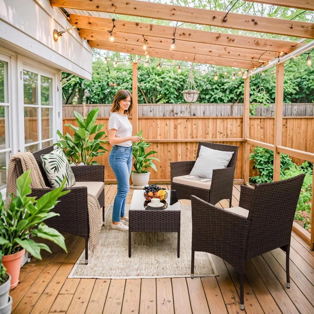 4-Piece Outdoor Patio Furniture Set – Rattan Wicker Chairs