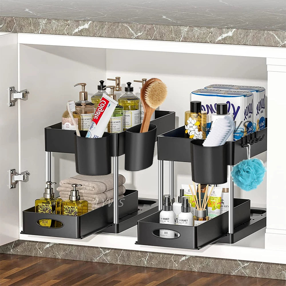 2-Tier Under Sink Sliding Organizer – Hanging Cabinet Storage Rack