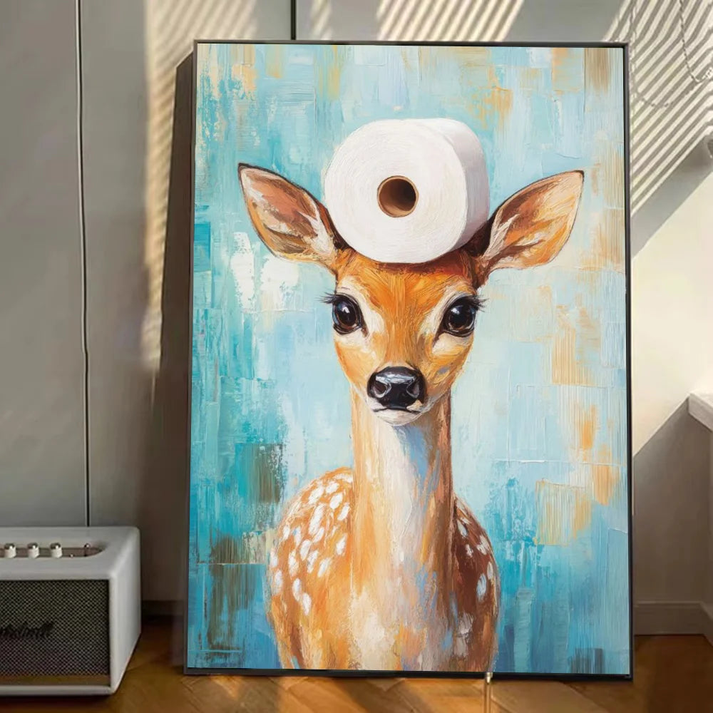 Cute Animal Canvas – Cat & Car Toilet Wall Art for Game Room