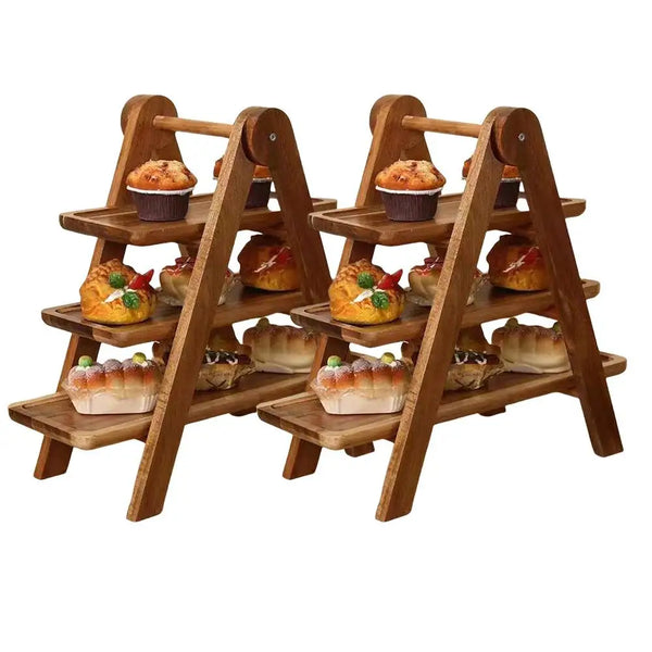2-Piece Wooden 3-Tier Serving Tray – Multi-Function Rectangular Platter