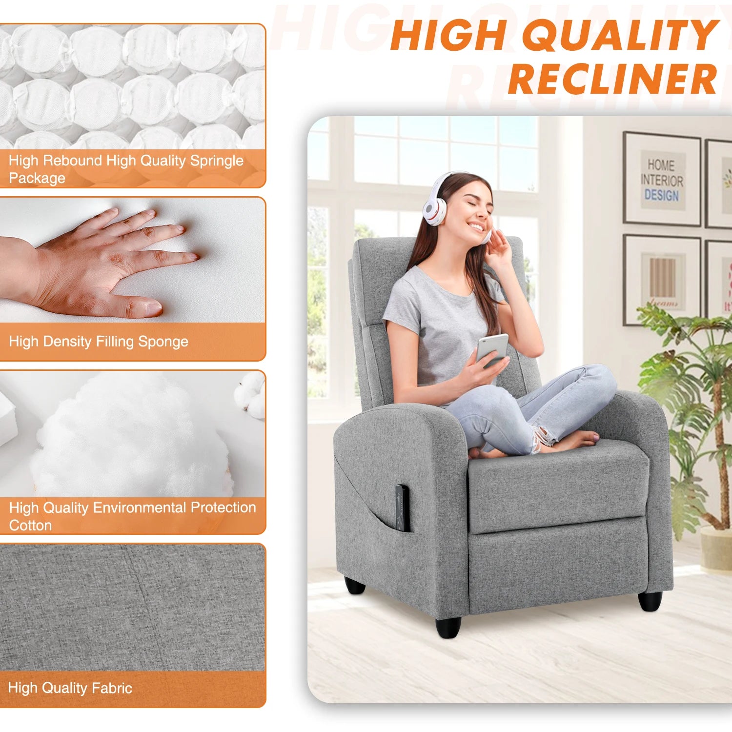 JHK Recliner Massage Sofa – Adjustable Fabric Living Room Chair